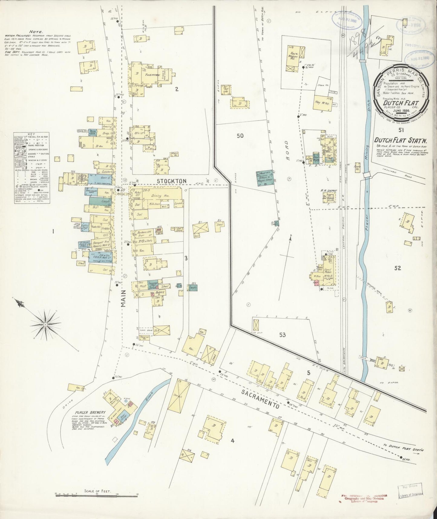 Sanborn Fire Insurance Map from Dutch Flat, Placer County, California (1898), Sheet #0001 - Historic Sanborn Fire Insurance Map Print, vintage old map wall art, antique decor, genealogy gift, California California map