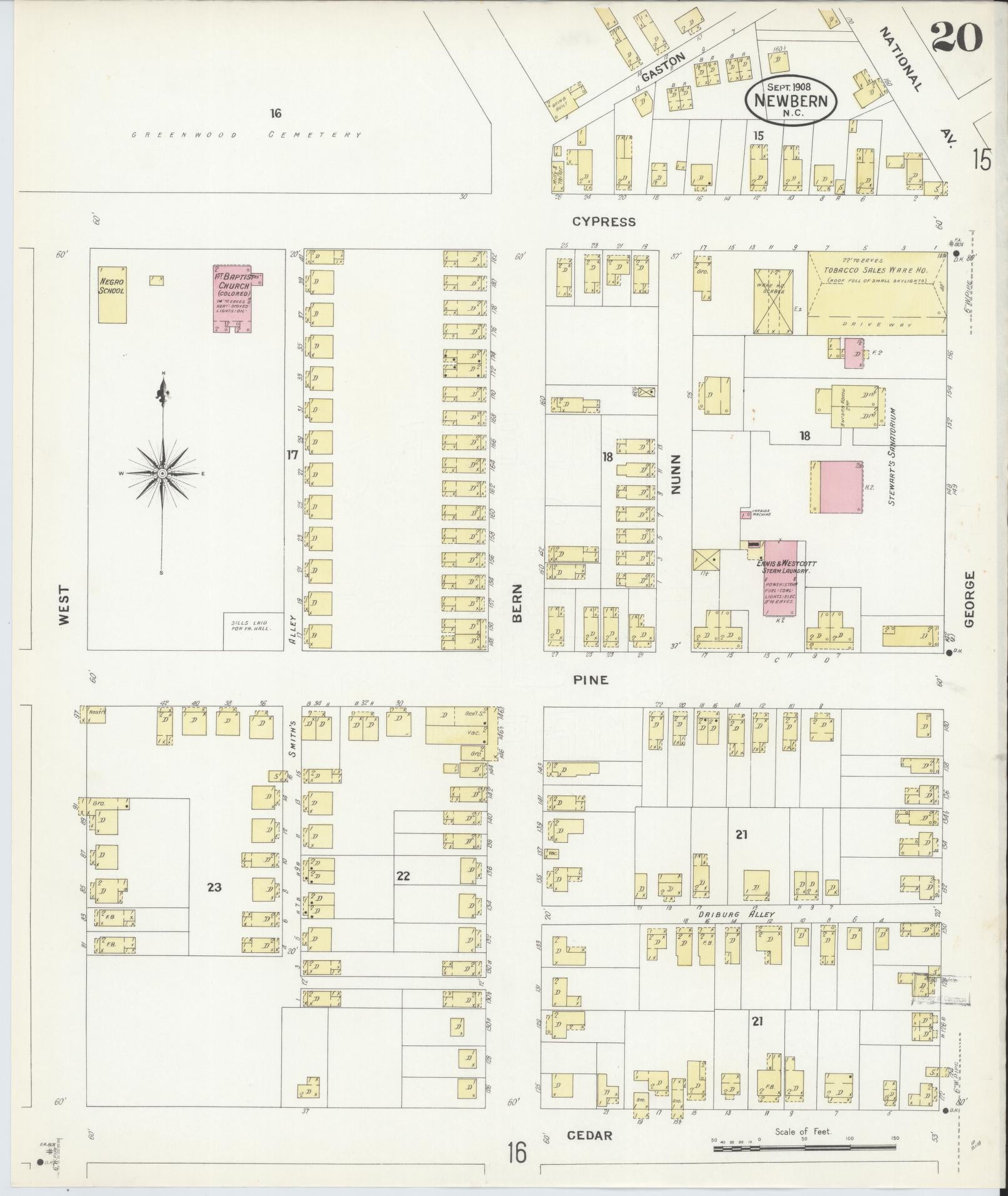 Sanborn Fire Insurance Map from New Bern, Craven County, North Carolina (1908), Sheet #0020 - Historic Sanborn Fire Insurance Map Print, vintage old map wall art, antique decor, genealogy gift, North Carolina North Carolina map