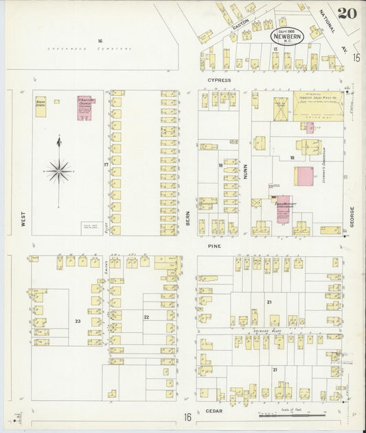 Sanborn Fire Insurance Map from New Bern, Craven County, North Carolina (1908), Sheet #0020 - Historic Sanborn Fire Insurance Map Print, vintage old map wall art, antique decor, genealogy gift, North Carolina North Carolina map