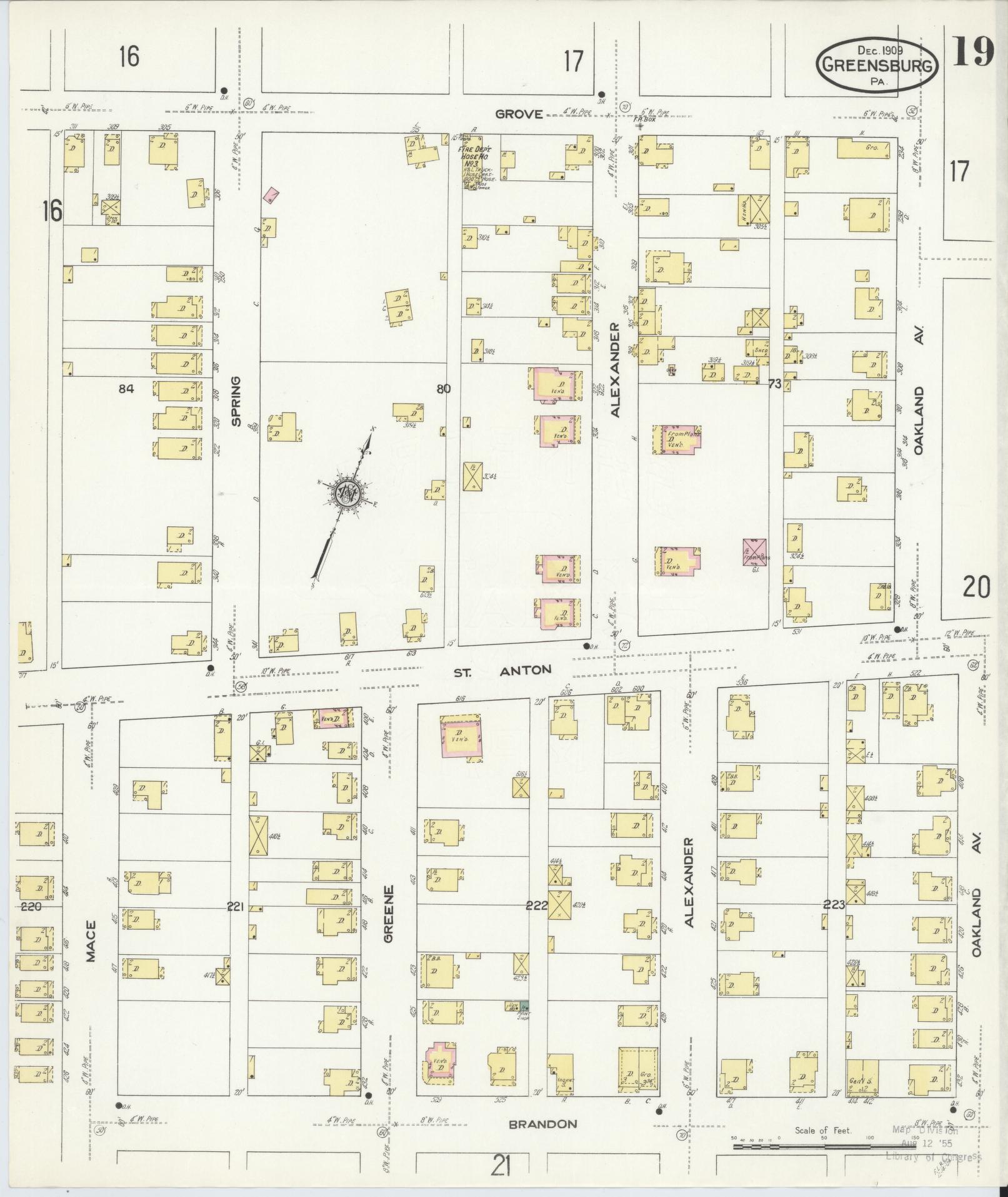 Sanborn Fire Insurance Map from Greensburg, Westmoreland County, Pennsylvania (1909), Sheet #0019 - Historic Sanborn Fire Insurance Map Print, vintage old map wall art, antique decor, genealogy gift, Pennsylvania Pennsylvania map
