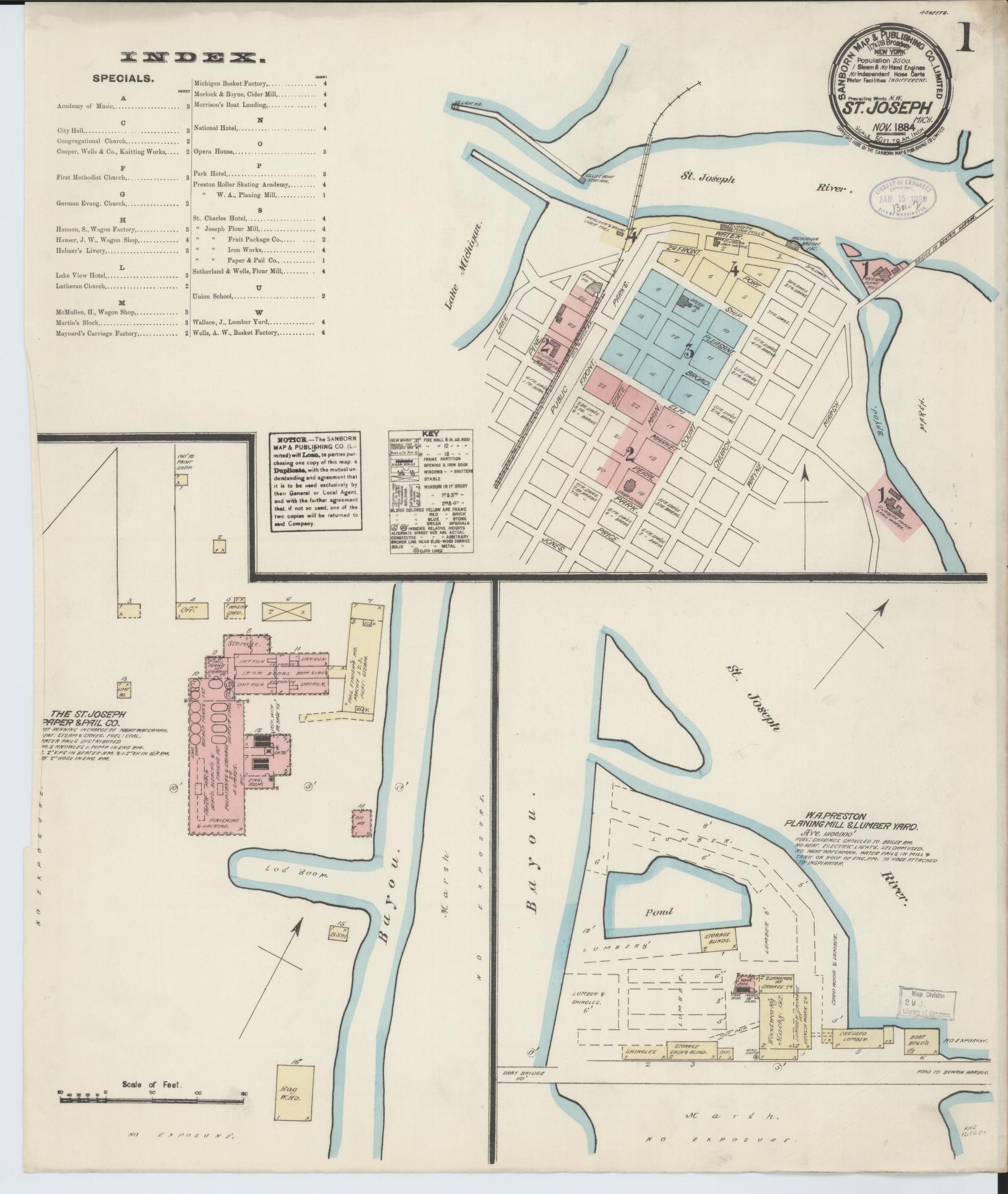 Sanborn Fire Insurance Map from Saint Joseph, Berrien County, Michigan (1884), Sheet #0001 - Complete Map Set gallery image, historic Sanborn map, vintage wall art, Michigan Michigan