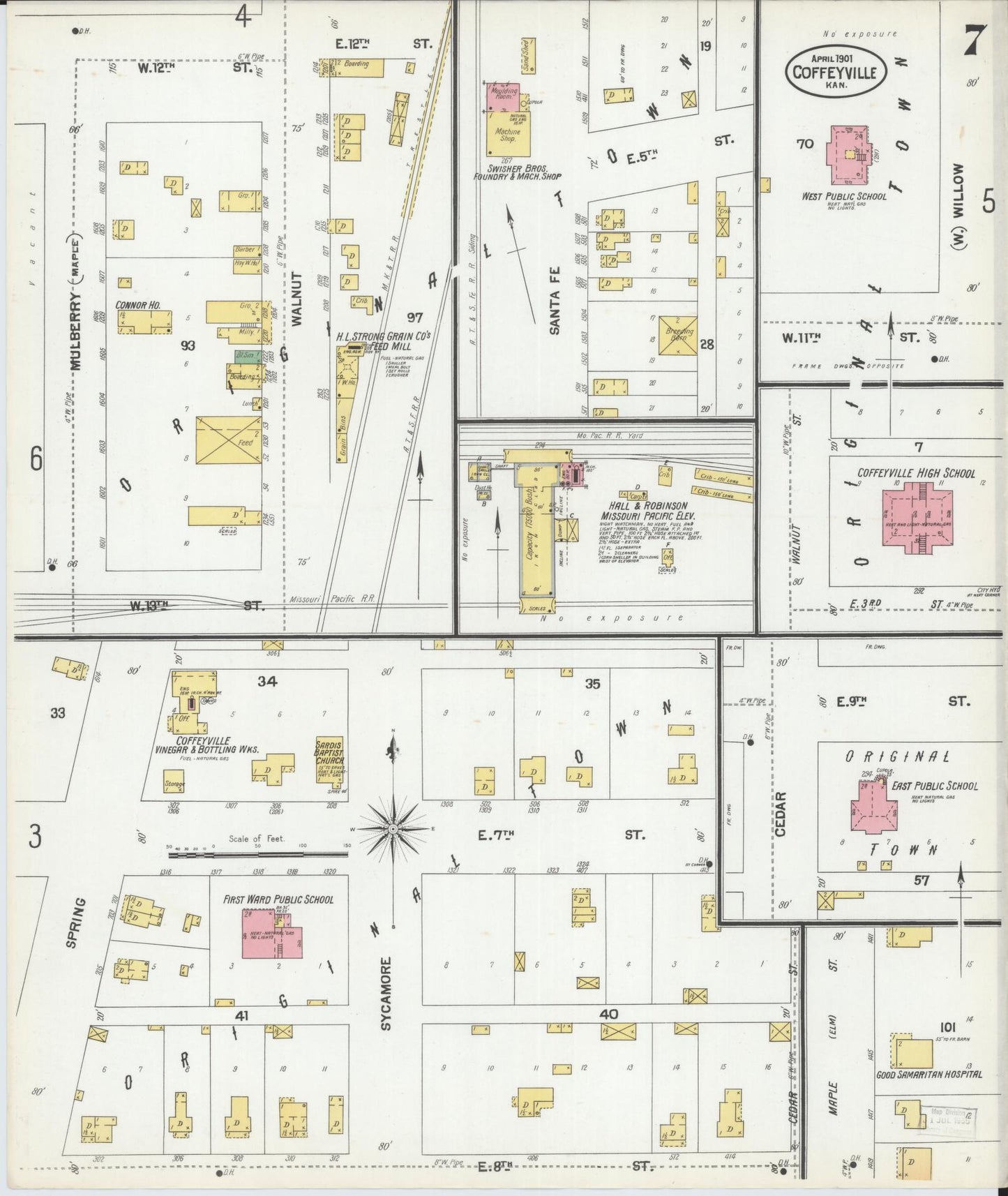 Sanborn Fire Insurance Map from Coffeyville, Montgomery County, Kansas (1901), Sheet #0007 - Historic Sanborn Fire Insurance Map Print, vintage old map wall art, antique decor, genealogy gift, Kansas Kansas map