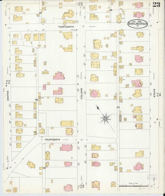 Sanborn Fire Insurance Map from Bowling Green, Warren County, Kentucky (1909), Sheet #0023 - Historic Sanborn Fire Insurance Map Print, vintage old map wall art, antique decor, genealogy gift, Kentucky Kentucky map