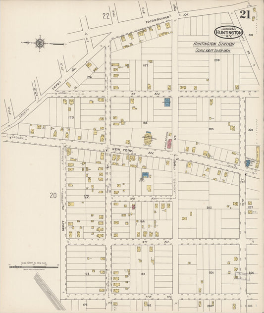 Sanborn Fire Insurance Map from Huntington, Suffolk County, New York (1922), Sheet #0021 - Historic Sanborn Fire Insurance Map Print, vintage old map wall art, antique decor, genealogy gift, New York New York map