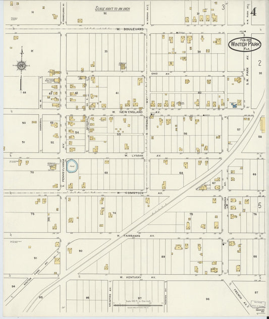 Sanborn Fire Insurance Map from Winter Park, Orange County, Florida (1919), Sheet #0004 - Historic Sanborn Fire Insurance Map Print, vintage old map wall art, antique decor, genealogy gift, Florida Florida map