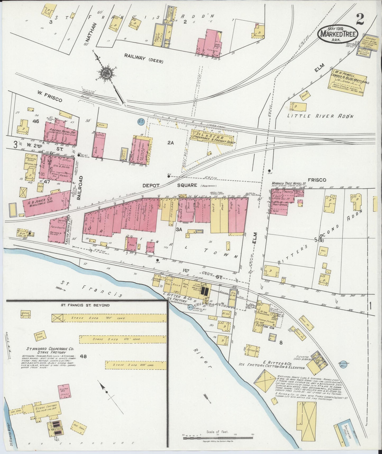 Sanborn Fire Insurance Map from Marked Tree, Poinsett County, Arkansas (1919), Sheet #0002 - Historic Sanborn Fire Insurance Map Print, vintage old map wall art, antique decor, genealogy gift, Arkansas Arkansas map