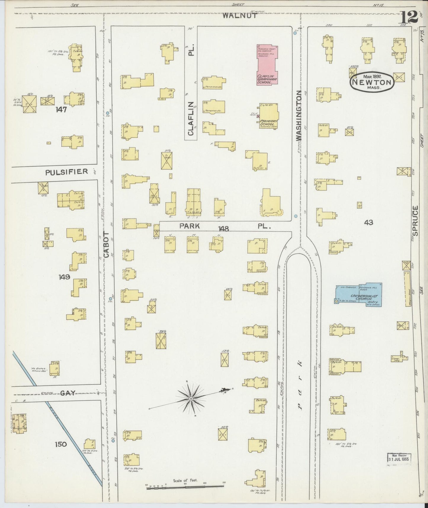 Sanborn Fire Insurance Map from Newton, Middlesex County, Massachusetts (1892), Sheet #0012 - Historic Sanborn Fire Insurance Map Print, vintage old map wall art, antique decor, genealogy gift, Massachusetts Massachusetts map