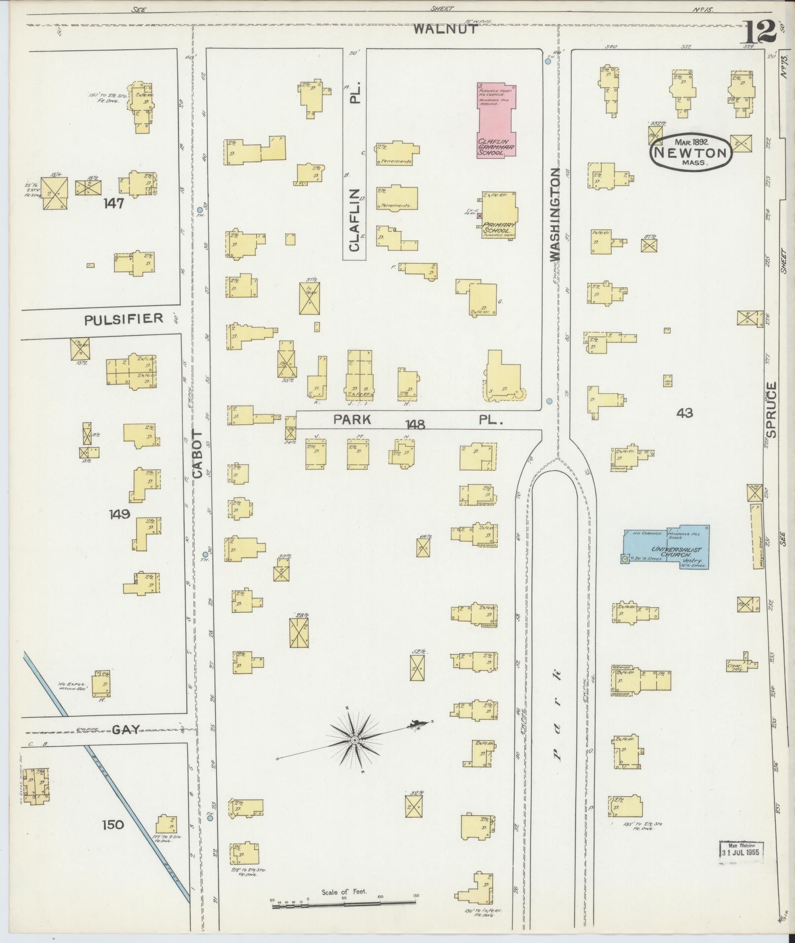 Sanborn Fire Insurance Map from Newton, Middlesex County, Massachusetts (1892), Sheet #0012 - Historic Sanborn Fire Insurance Map Print, vintage old map wall art, antique decor, genealogy gift, Massachusetts Massachusetts map