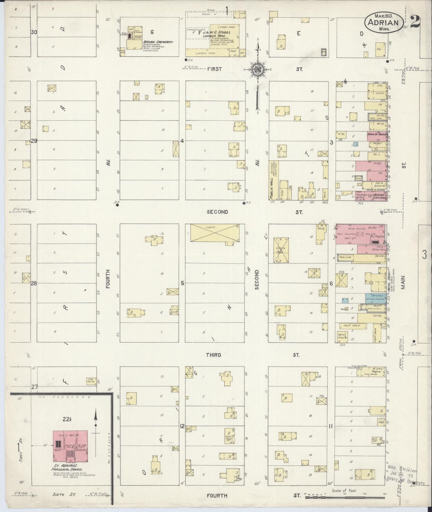 Sanborn Fire Insurance Map from Adrian, Nobles County, Minnesota (1913), Sheet #0002 - Historic Sanborn Fire Insurance Map Print, vintage old map wall art, antique decor, genealogy gift, Minnesota Minnesota map