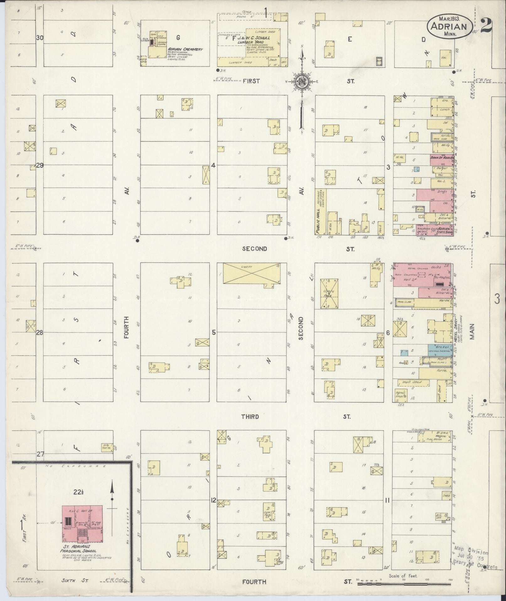 Sanborn Fire Insurance Map from Adrian, Nobles County, Minnesota (1913), Sheet #0002 - Historic Sanborn Fire Insurance Map Print, vintage old map wall art, antique decor, genealogy gift, Minnesota Minnesota map