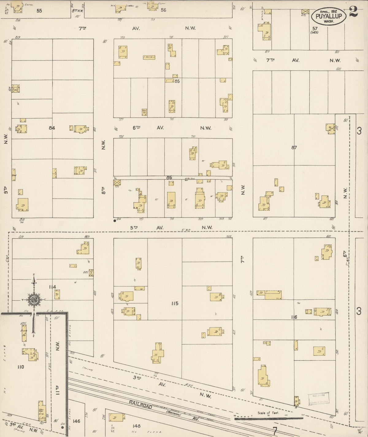 Sanborn Fire Insurance Map from Puyallup, Pierce County, Washington (1912), Sheet #0002 - Historic Sanborn Fire Insurance Map Print, vintage old map wall art, antique decor, genealogy gift, Washington Washington map