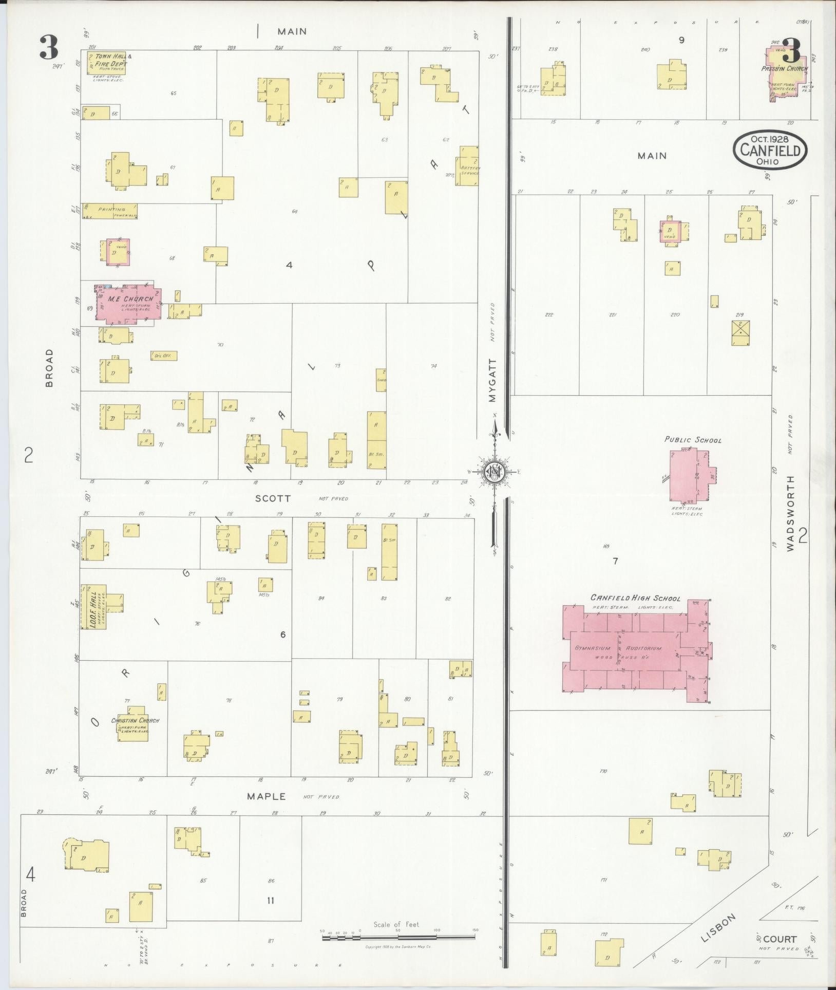 Sanborn Fire Insurance Map from Canfield, Mahoning County, Ohio (1928), Sheet #0003 - Complete Map Set gallery image, historic Sanborn map, vintage wall art, Ohio Ohio