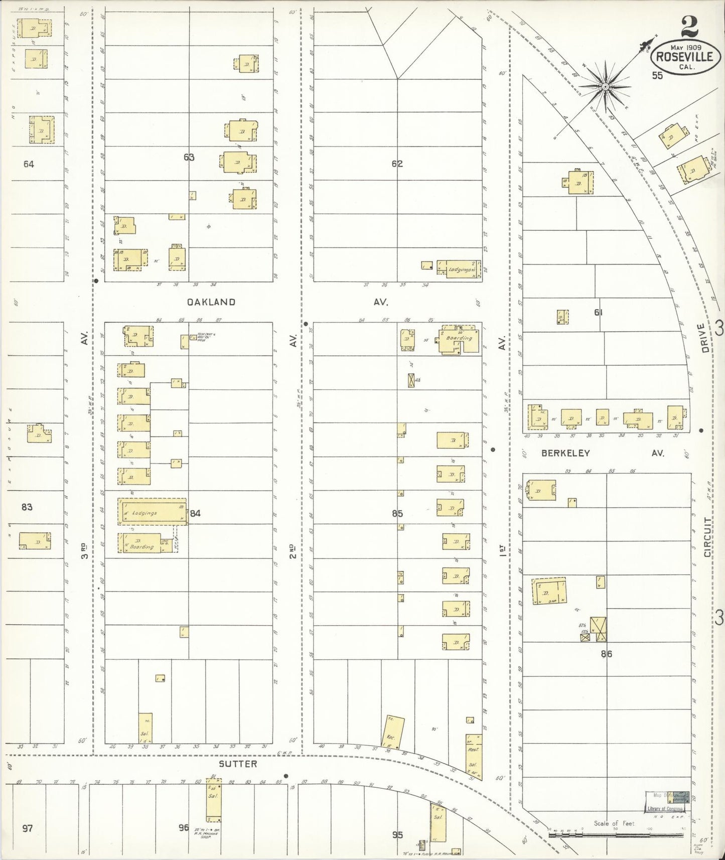 Sanborn Fire Insurance Map from Roseville, Placer County, California (1909), Sheet #0002 - Complete Map Set gallery image, historic Sanborn map, vintage wall art, California California