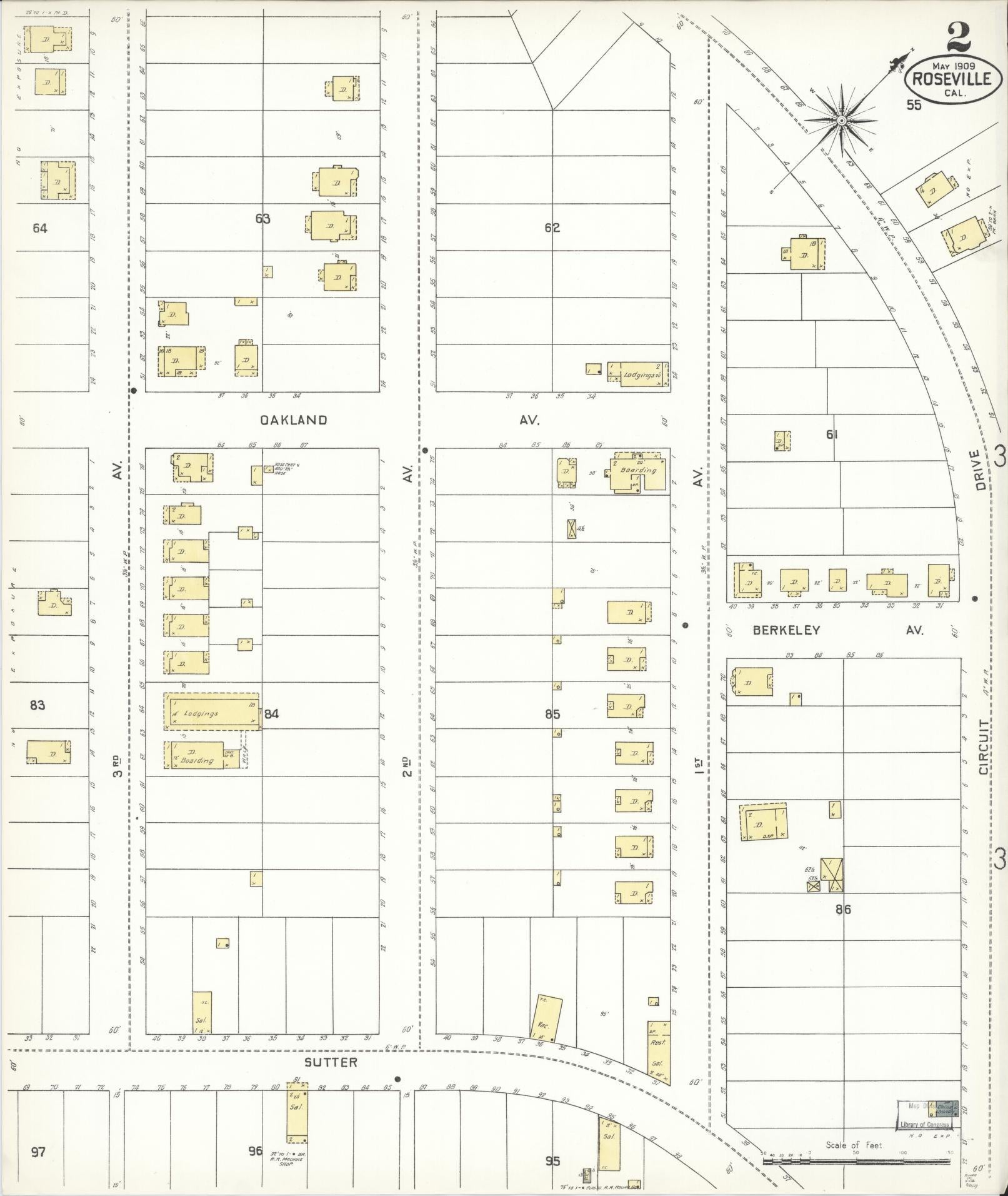 Sanborn Fire Insurance Map from Roseville, Placer County, California (1909), Sheet #0002 - Complete Map Set gallery image, historic Sanborn map, vintage wall art, California California