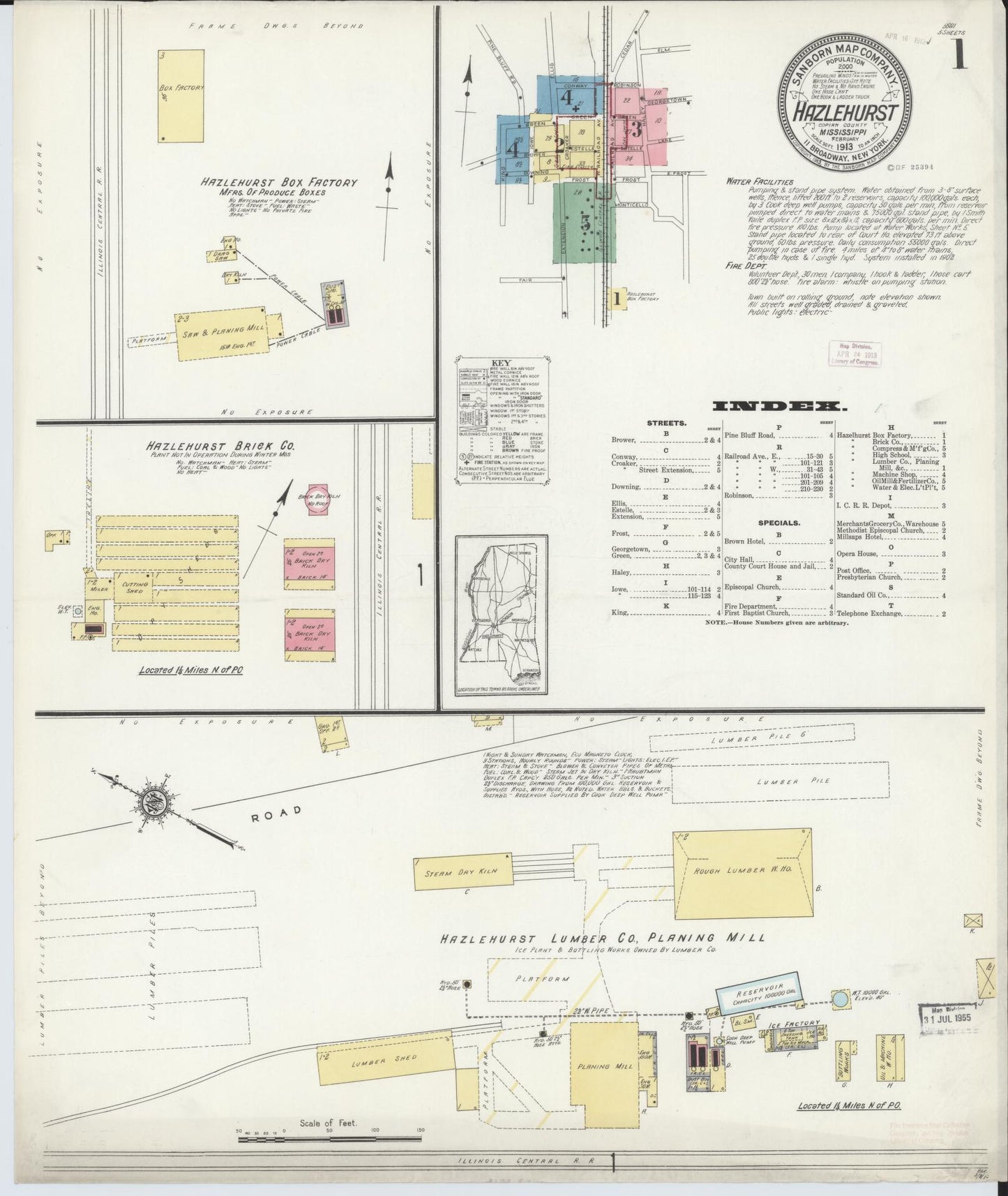 Sanborn Fire Insurance Map from Hazlehurst, Copiah County, Mississippi (1913), Sheet #0001 - Complete Map Set gallery image, historic Sanborn map, vintage wall art, Mississippi Mississippi