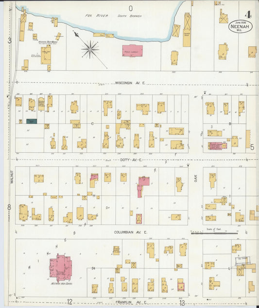 Sanborn Fire Insurance Map from Neenah, Winnebago County, Wisconsin (1906), Sheet #0004 - Historic Sanborn Fire Insurance Map Print, vintage old map wall art, antique decor, genealogy gift, Wisconsin Wisconsin map