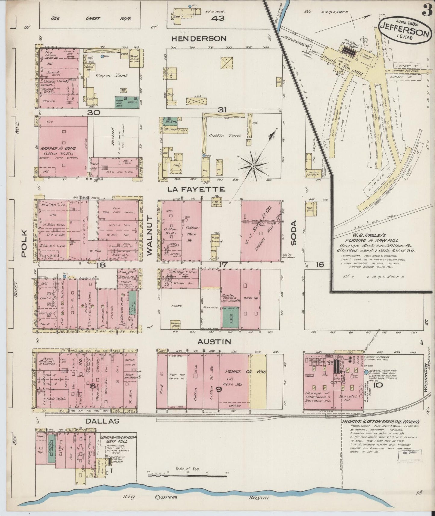 Sanborn Fire Insurance Map from Jefferson, Marion County, Texas (1885), Sheet #0003 - Historic Sanborn Fire Insurance Map Print, vintage old map wall art, antique decor, genealogy gift, Texas Texas map