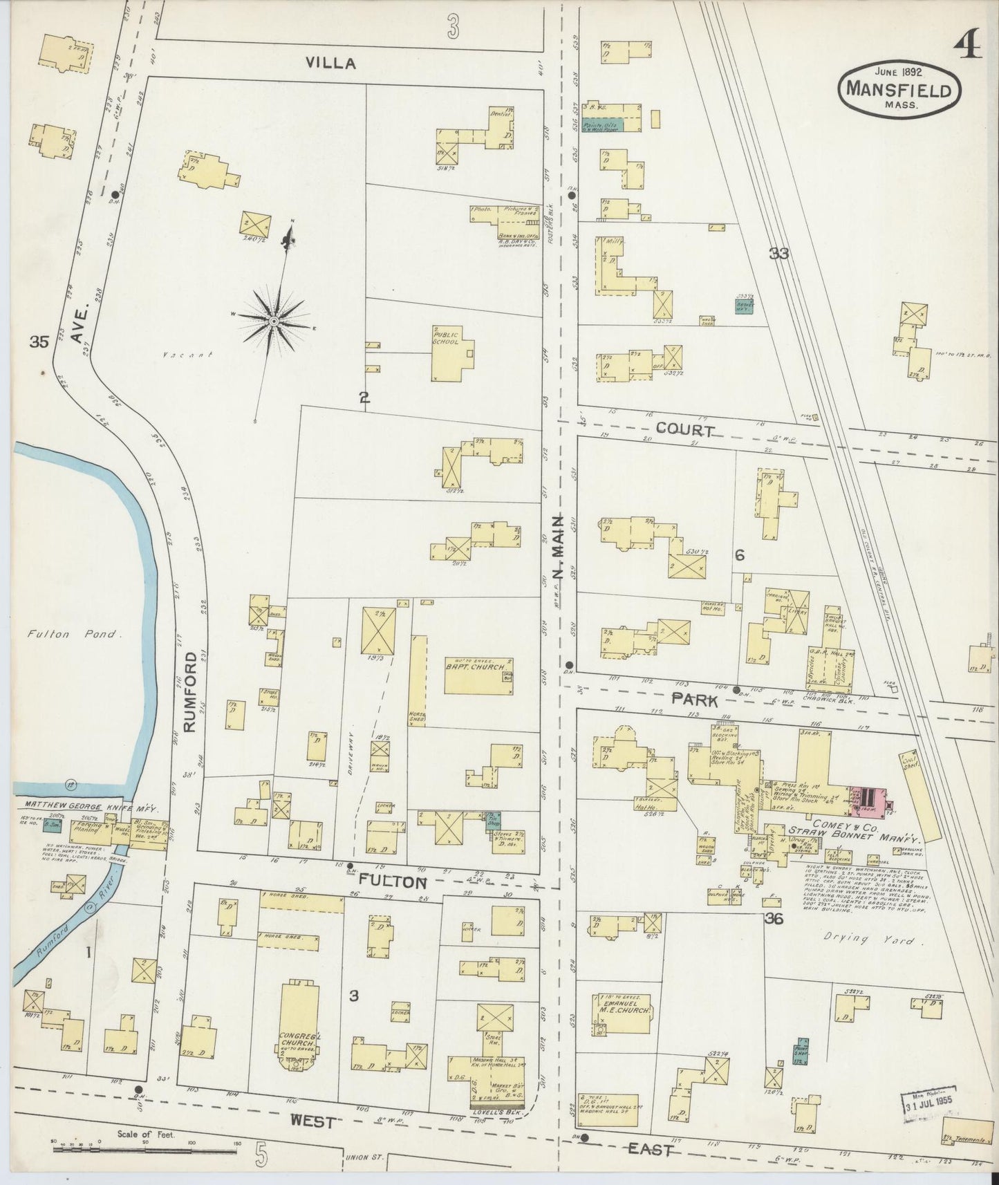 Sanborn Fire Insurance Map from Mansfield, Bristol County, Massachusetts (1892), Sheet #0004 - Complete Map Set gallery image, historic Sanborn map, vintage wall art, Massachusetts Massachusetts