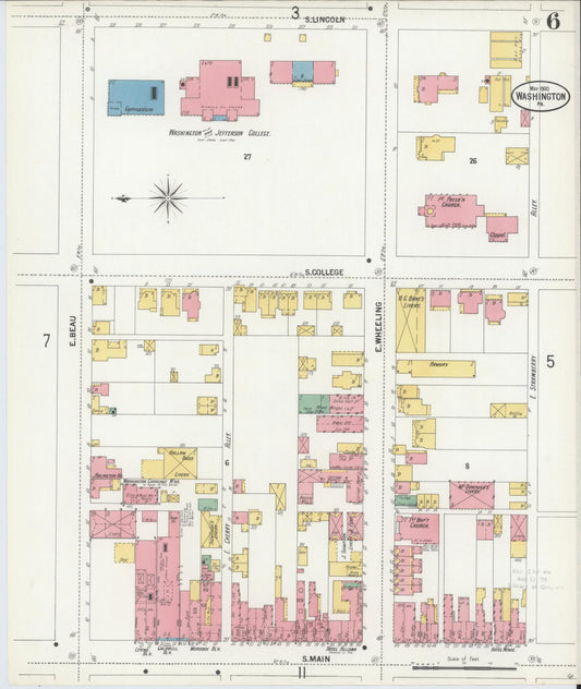 Sanborn Fire Insurance Map from Washington, Washington County, Pennsylvania (1900), Sheet #0006 - Historic Sanborn Fire Insurance Map Print, vintage old map wall art, antique decor, genealogy gift, Sanborn Fire Insurance Map from Washington Washington map