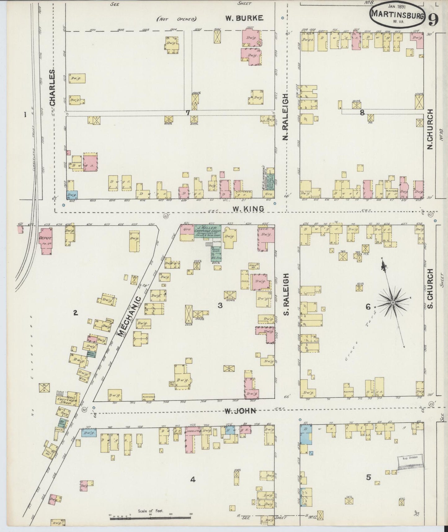 Sanborn Fire Insurance Map from Martinsburg, Berkeley County, West Virginia (1891), Sheet #0009 - Complete Map Set gallery image, historic Sanborn map, vintage wall art, West Virginia West Virginia