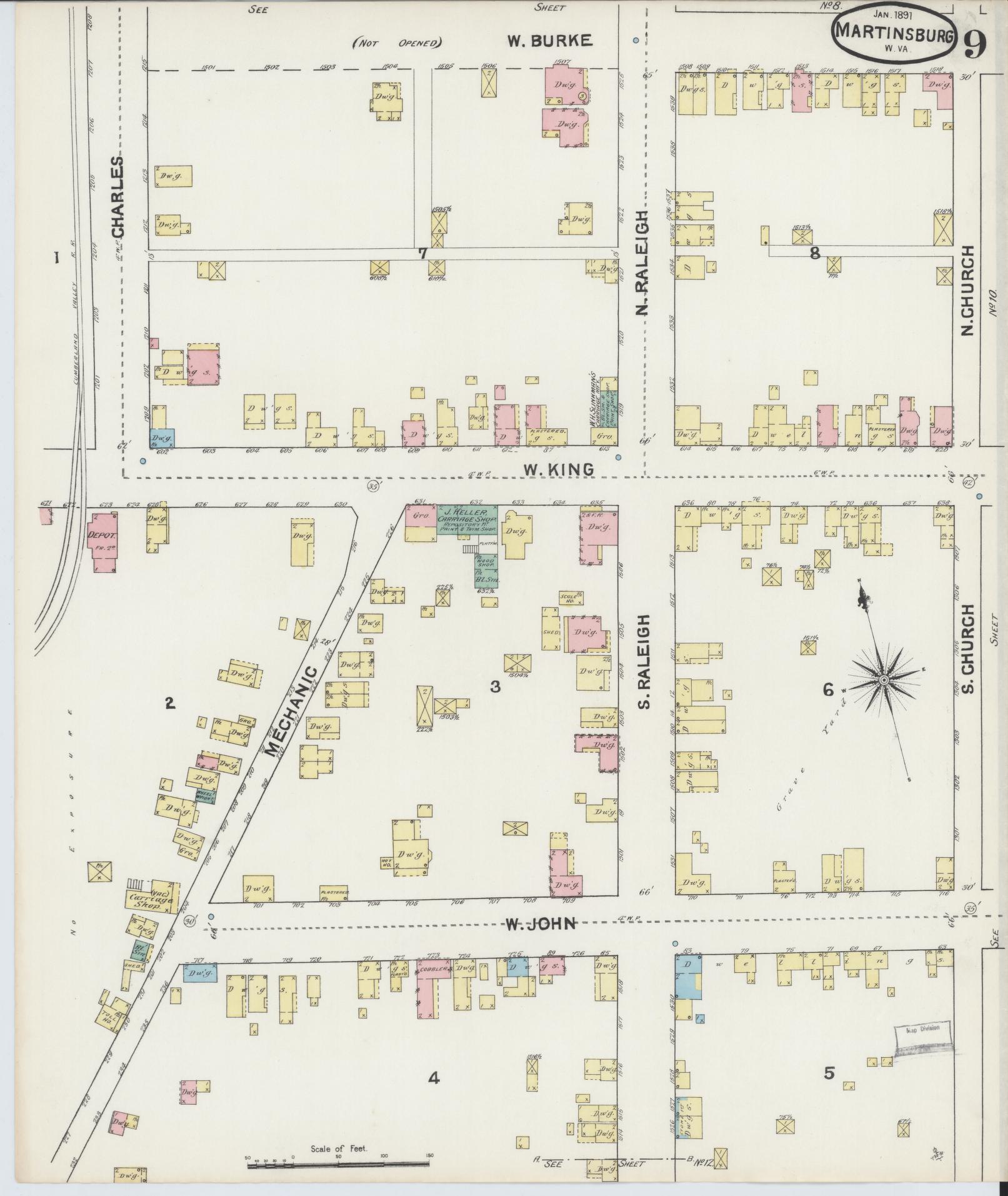 Sanborn Fire Insurance Map from Martinsburg, Berkeley County, West Virginia (1891), Sheet #0009 - Complete Map Set gallery image, historic Sanborn map, vintage wall art, West Virginia West Virginia