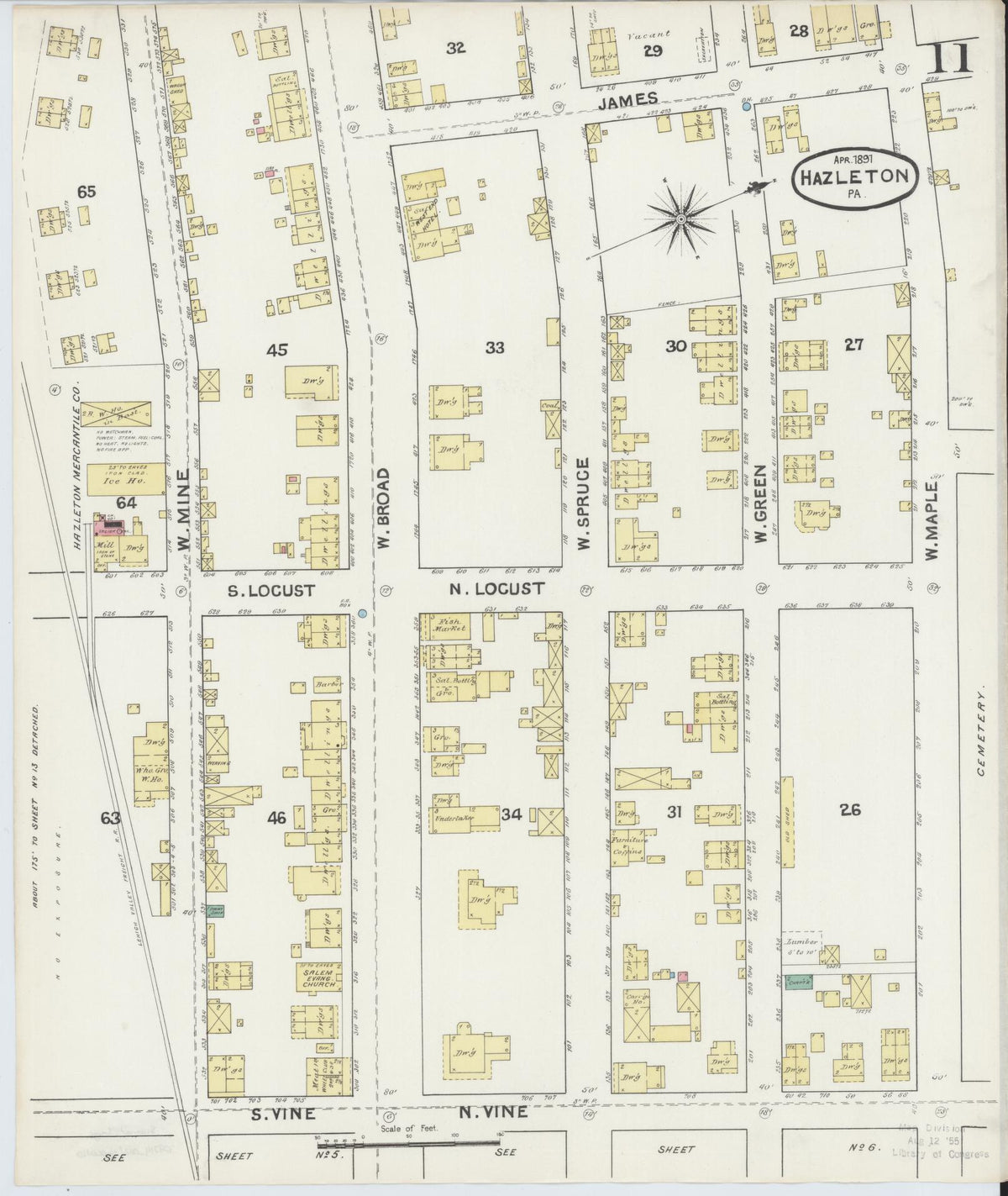 Sanborn Fire Insurance Map from Hazleton, Luzerne County, Pennsylvania (1891), Sheet #0011 - Historic Sanborn Fire Insurance Map Print, vintage old map wall art, antique decor, genealogy gift, Pennsylvania Pennsylvania map