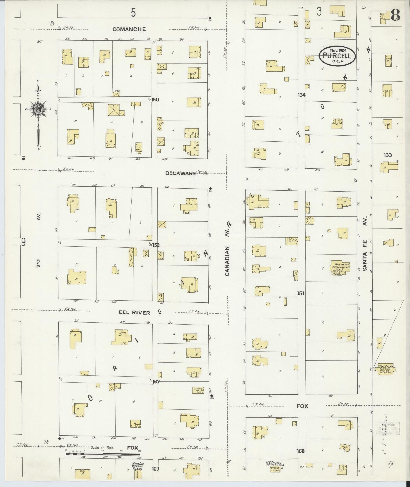 Sanborn Fire Insurance Map from Purcell, McClain County, Oklahoma (1909), Sheet #0008 - Historic Sanborn Fire Insurance Map Print, vintage old map wall art, antique decor, genealogy gift, Oklahoma Oklahoma map