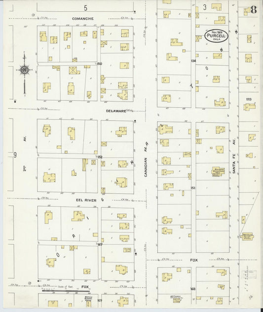 Sanborn Fire Insurance Map from Purcell, McClain County, Oklahoma (1909), Sheet #0008 - Historic Sanborn Fire Insurance Map Print, vintage old map wall art, antique decor, genealogy gift, Oklahoma Oklahoma map