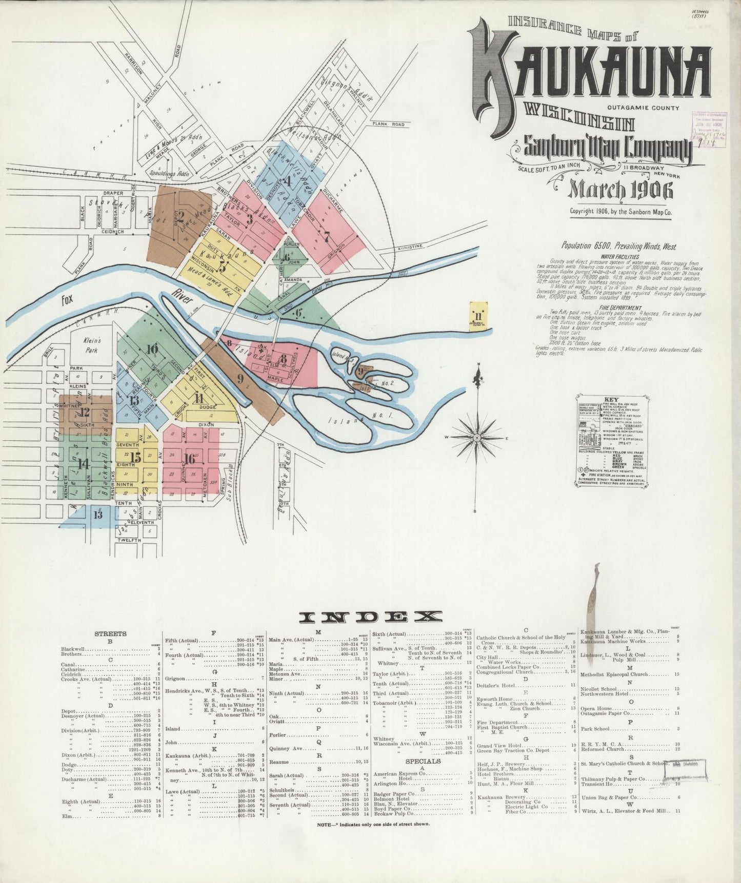 Sanborn Fire Insurance Map from Kaukauna, Outagamie County, Wisconsin (1906), Sheet #0001 - Historic Sanborn Fire Insurance Map Print, vintage old map wall art, antique decor, genealogy gift, Wisconsin Wisconsin map