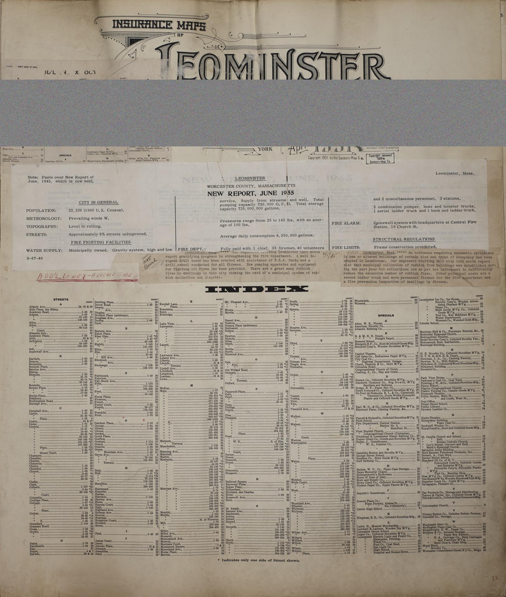 Sanborn Fire Insurance Map from Leominster, Worcester County, Massachusetts (1958), Sheet #0001 - Historic Sanborn Fire Insurance Map Print, vintage old map wall art, antique decor, genealogy gift, Massachusetts Massachusetts map
