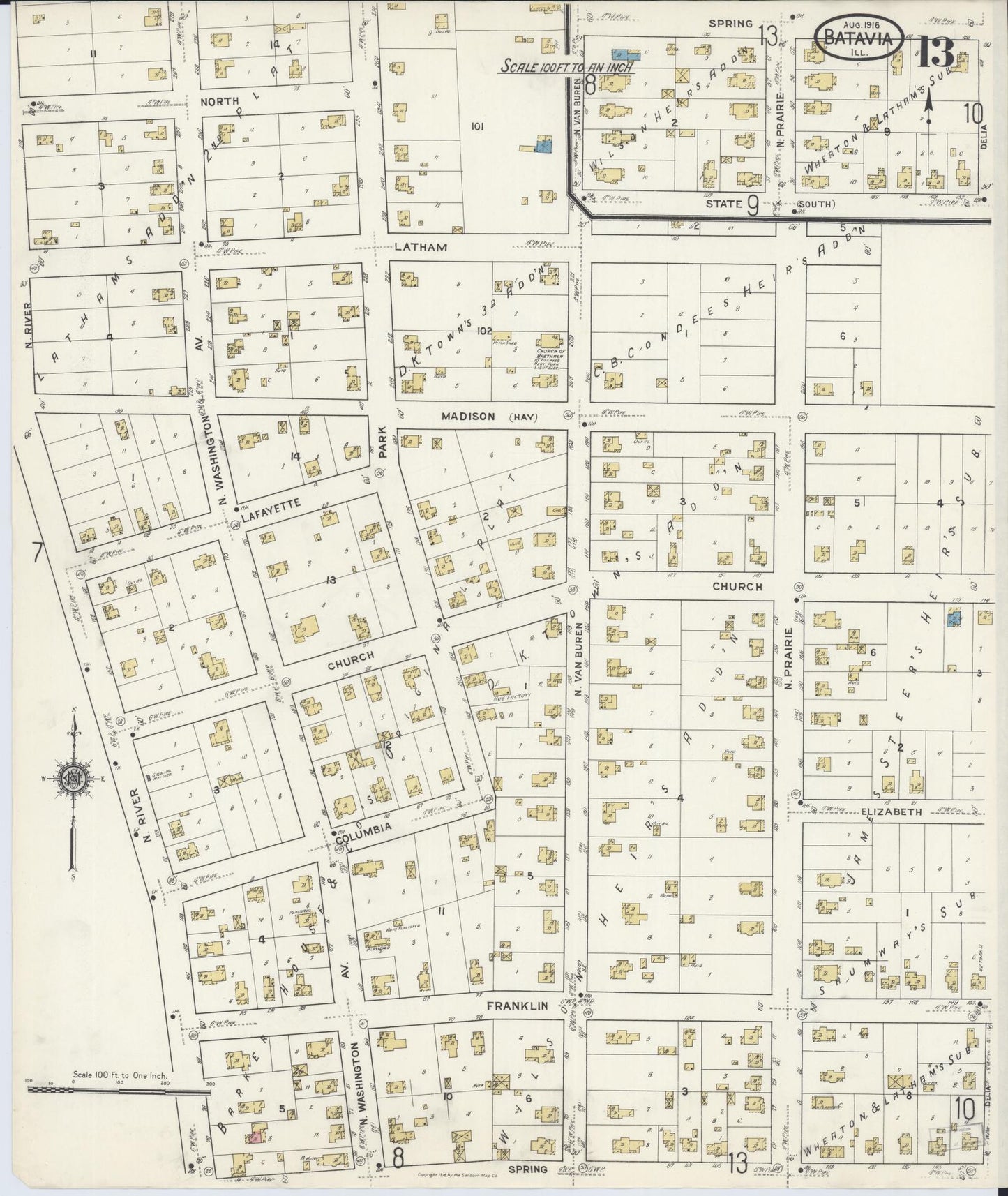 Sanborn Fire Insurance Map from Batavia, Kane County, Illinois (1916), Sheet #0013 - Complete Map Set gallery image, historic Sanborn map, vintage wall art, Illinois Illinois