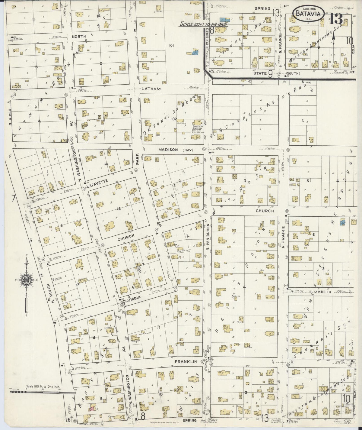 Sanborn Fire Insurance Map from Batavia, Kane County, Illinois (1916), Sheet #0013 - Complete Map Set gallery image, historic Sanborn map, vintage wall art, Illinois Illinois