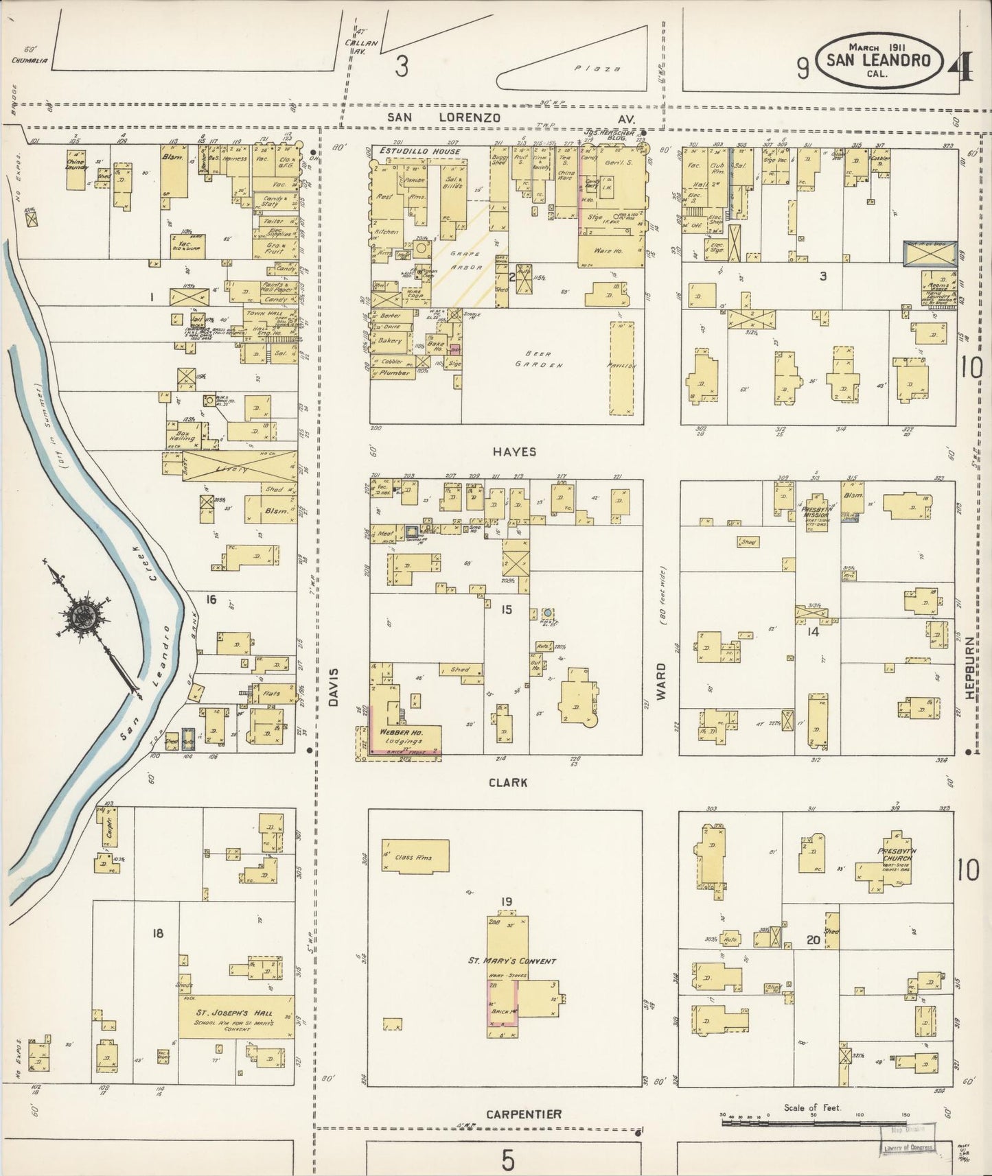 Sanborn Fire Insurance Map from San Leandro, Alameda County, California (1911), Sheet #0004 - Complete Map Set gallery image, historic Sanborn map, vintage wall art, California California