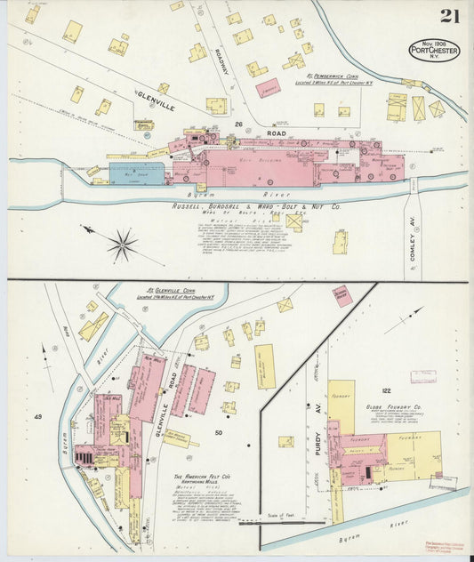 Sanborn Fire Insurance Map from Port Chester, Westchester County, New York (1908), Sheet #0021 - Historic Sanborn Fire Insurance Map Print, vintage old map wall art, antique decor, genealogy gift, New York New York map