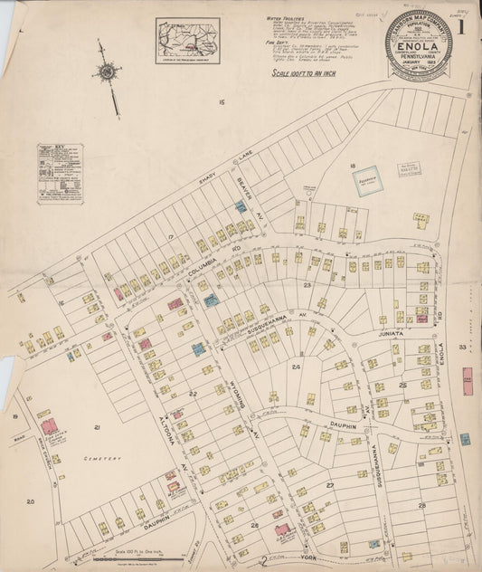 Sanborn Fire Insurance Map from Enola, Cumberland County, Pennsylvania (1923), Sheet #0001 - Historic Sanborn Fire Insurance Map Print, vintage old map wall art, antique decor, genealogy gift, Pennsylvania Pennsylvania map