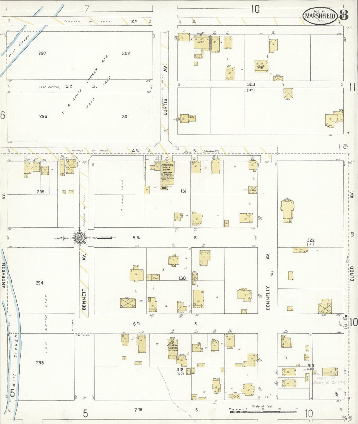 Sanborn Fire Insurance Map from Marshfield, Coos County, Oregon (1911), Sheet #0008 - Historic Sanborn Fire Insurance Map Print, vintage old map wall art, antique decor, genealogy gift, Oregon Oregon map