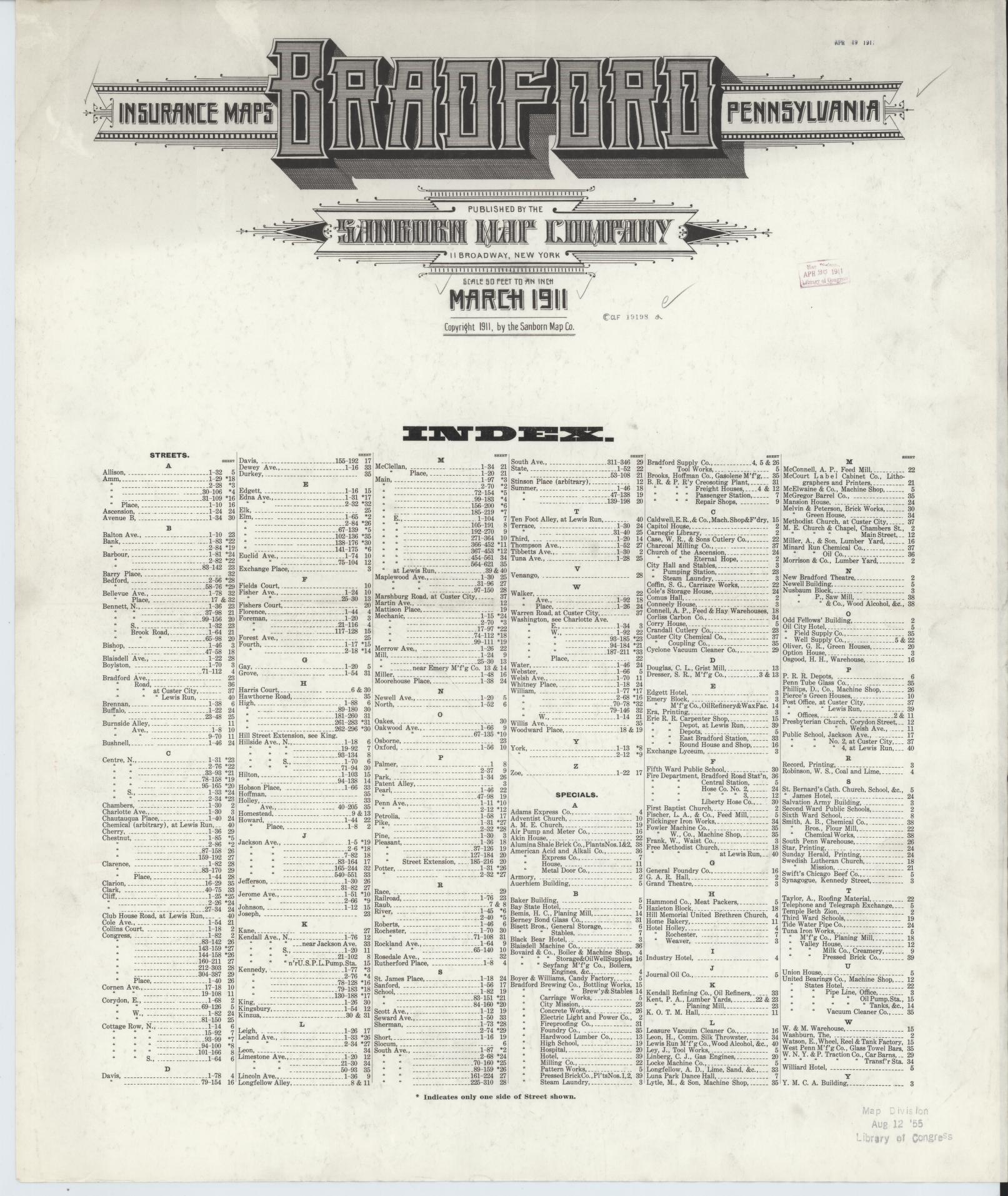 Sanborn Fire Insurance Map from Bradford, McKean County, Pennsylvania (1911), Sheet #0001 - Historic Sanborn Fire Insurance Map Print, vintage old map wall art, antique decor, genealogy gift, Pennsylvania Pennsylvania map