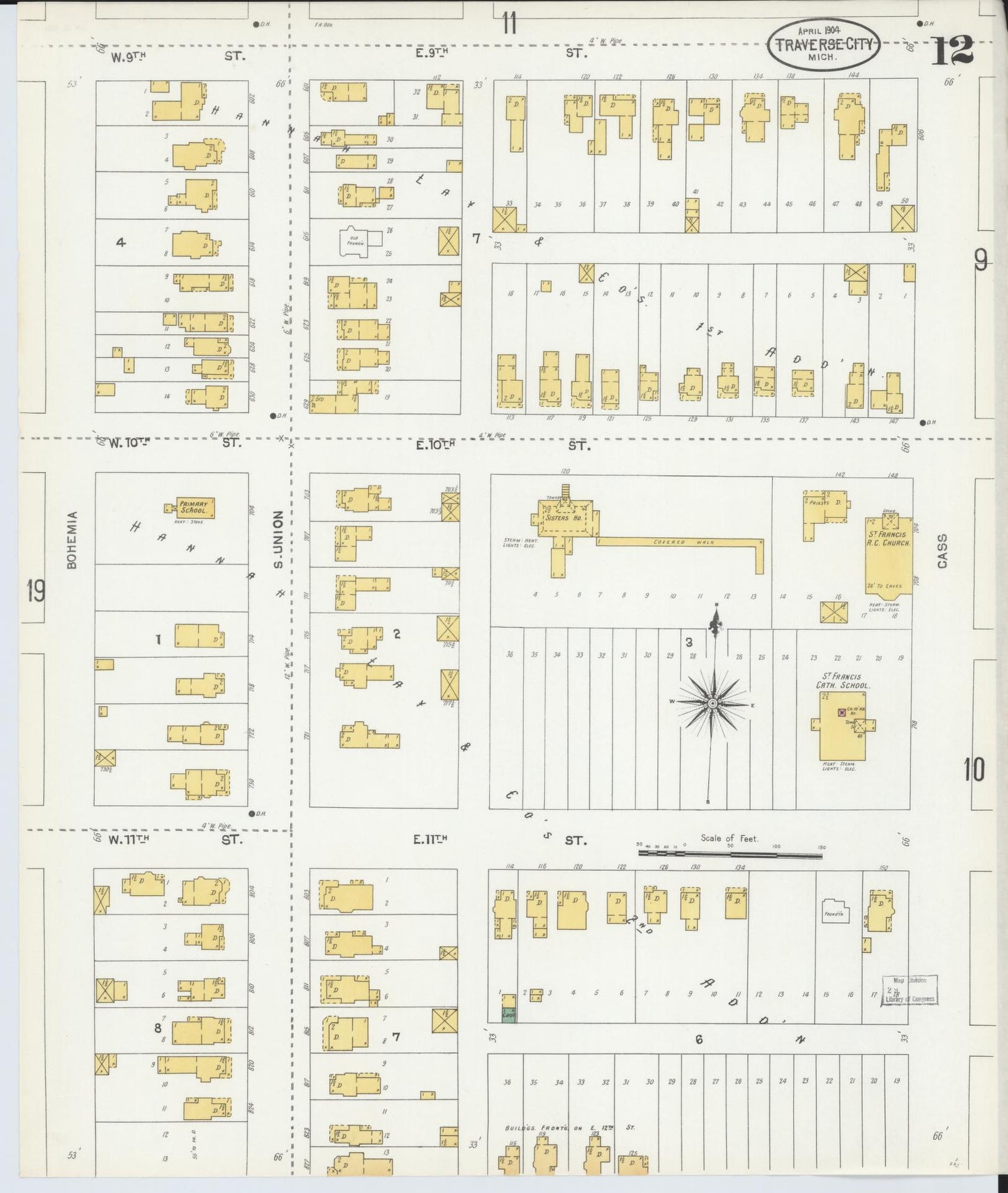 Sanborn Fire Insurance Map from Traverse City, Grand Traverse County, Michigan (1904), Sheet #0012 - Historic Sanborn Fire Insurance Map Print, vintage old map wall art, antique decor, genealogy gift, Michigan Michigan map