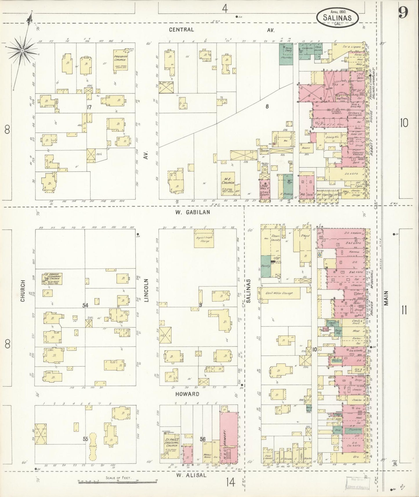 Sanborn Fire Insurance Map from Salinas, Monterey County, California (1900), Sheet #0009 - Complete Map Set gallery image, historic Sanborn map, vintage wall art, California California