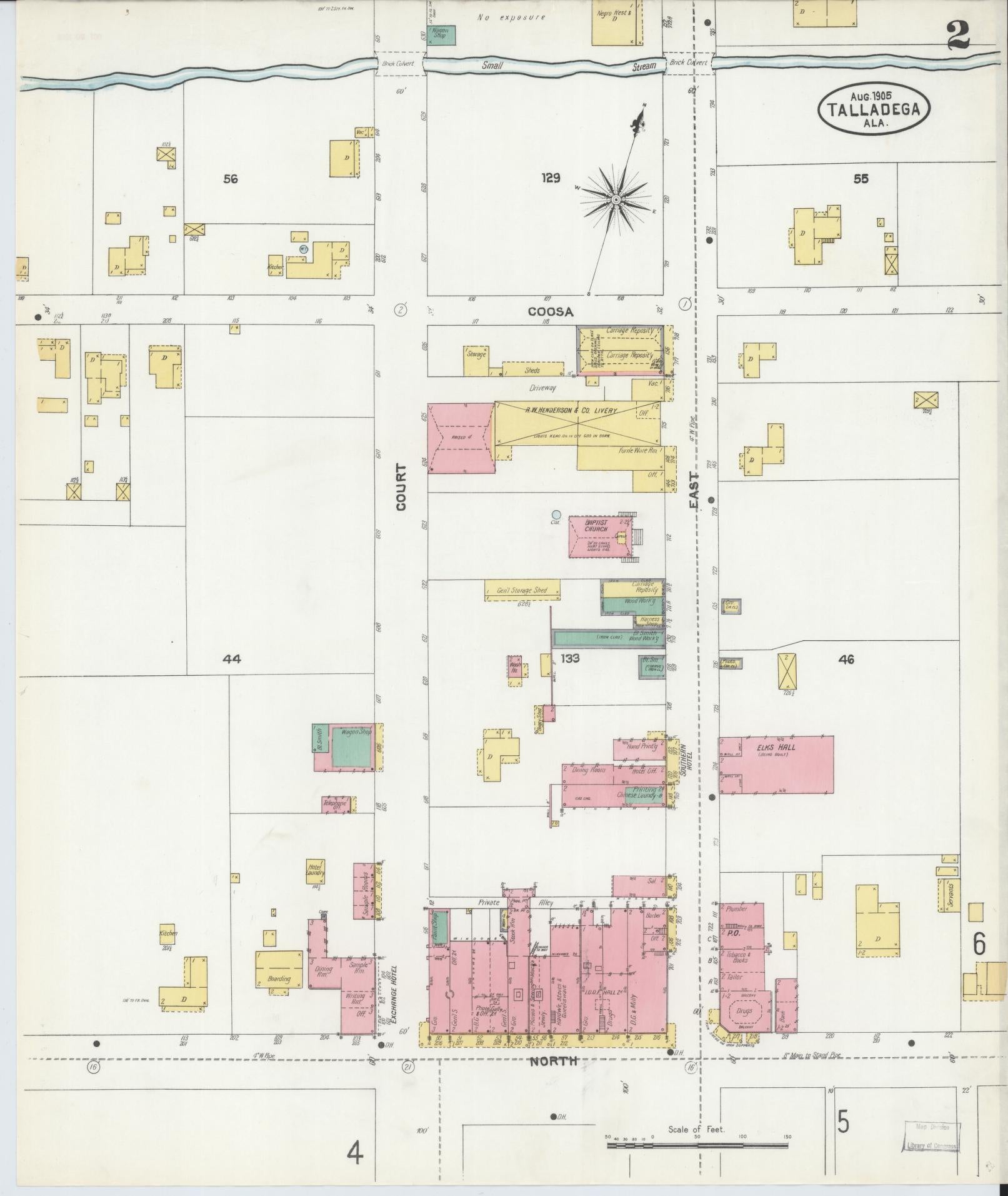 Sanborn Fire Insurance Map from Talladega, Talladega County, Alabama (1905), Sheet #0002 - Historic Sanborn Fire Insurance Map Print, vintage old map wall art, antique decor, genealogy gift, Alabama Alabama map