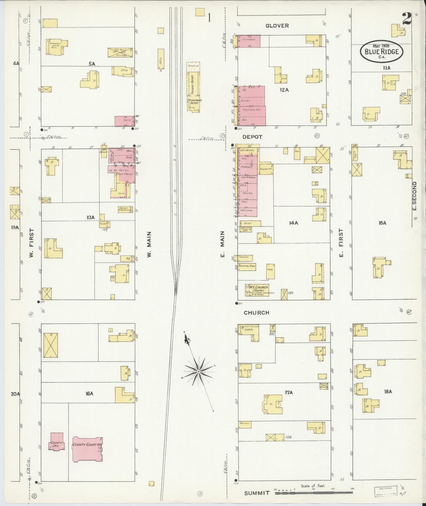 Sanborn Fire Insurance Map from Blue Ridge, Fannin County, Georgia (1909), Sheet #0002 - Complete Map Set gallery image, historic Sanborn map, vintage wall art, Georgia Georgia