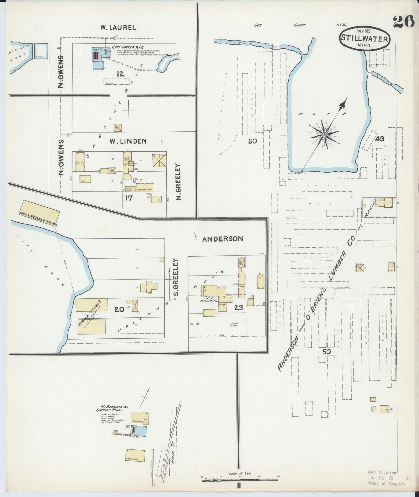 Sanborn Fire Insurance Map from Stillwater, Washington County, Minnesota (1891), Sheet #0026 - Historic Sanborn Fire Insurance Map Print, vintage old map wall art, antique decor, genealogy gift, Minnesota Minnesota map