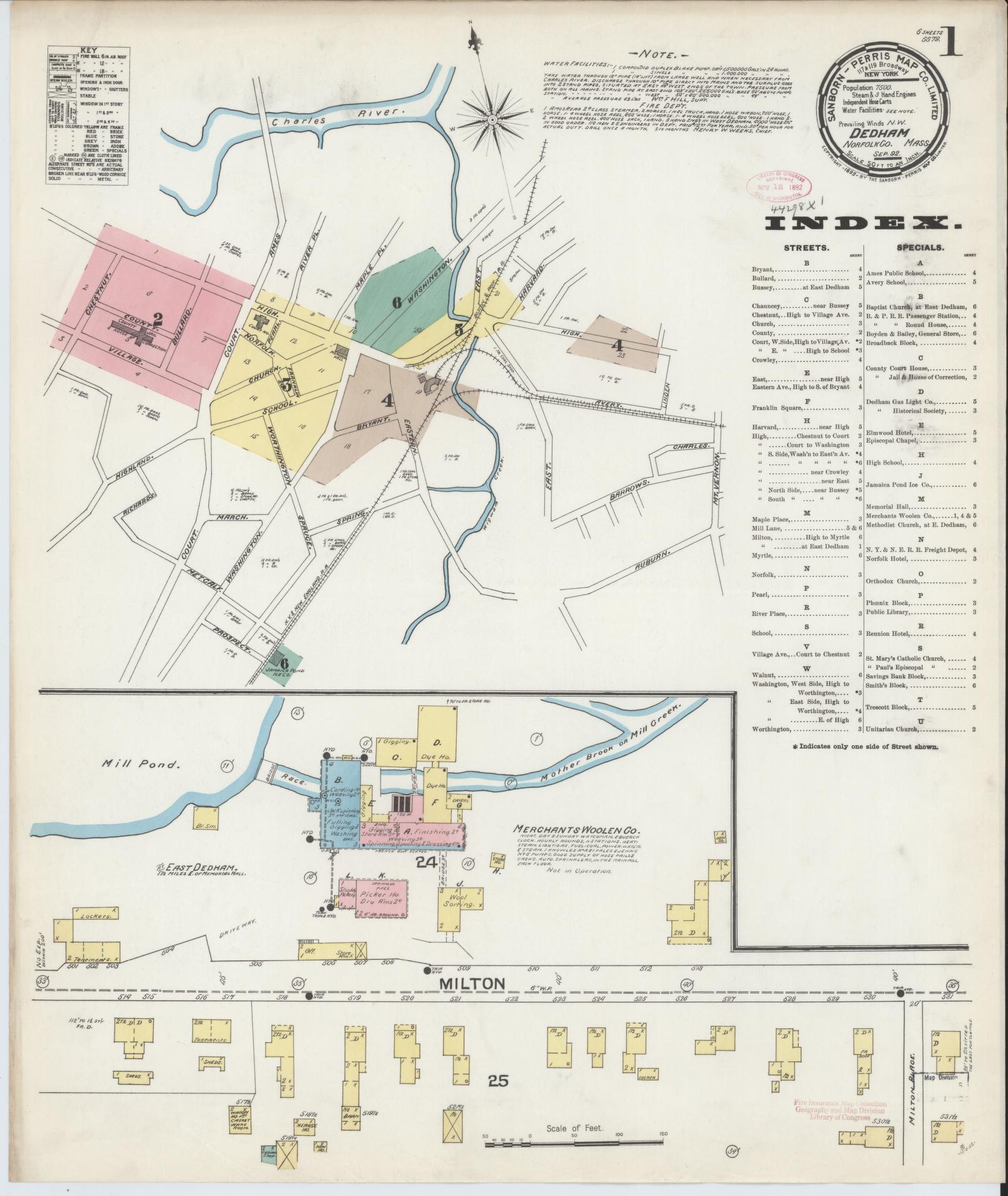 Sanborn Fire Insurance Map from Dedham, Norfolk County, Massachusetts (1892), Sheet #0001 - Complete Map Set gallery image, historic Sanborn map, vintage wall art, Massachusetts Massachusetts