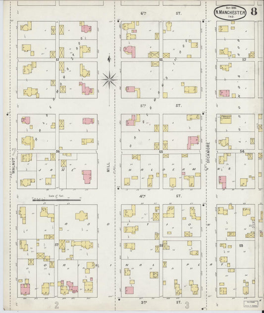 Sanborn Fire Insurance Map from North Manchester, Wabash County, Indiana (1895), Sheet #0008 - Historic Sanborn Fire Insurance Map Print, vintage old map wall art, antique decor, genealogy gift, Indiana Indiana map