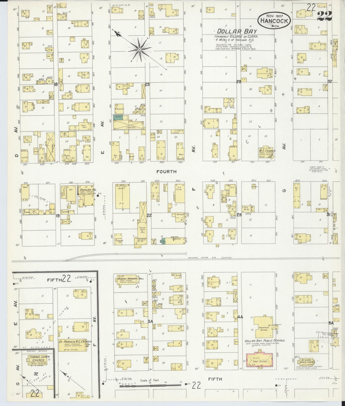 Sanborn Fire Insurance Map from Hancock, Houghton County, Michigan (1907), Sheet #0022 - Complete Map Set gallery image, historic Sanborn map, vintage wall art, Michigan Michigan