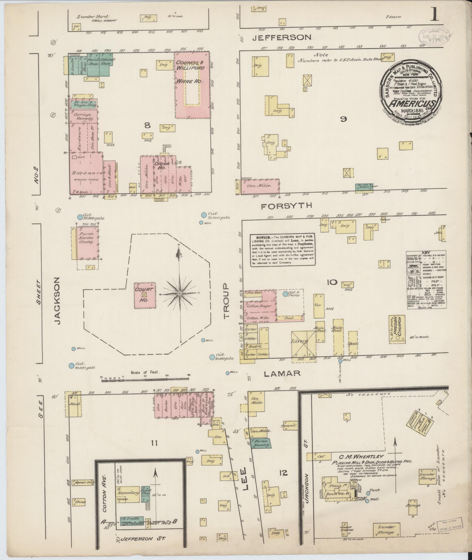 Sanborn Fire Insurance Map from Americus, Sumter County, Georgia (1885), Sheet #0001 - Historic Sanborn Fire Insurance Map Print, vintage old map wall art, antique decor, genealogy gift, Georgia Georgia map