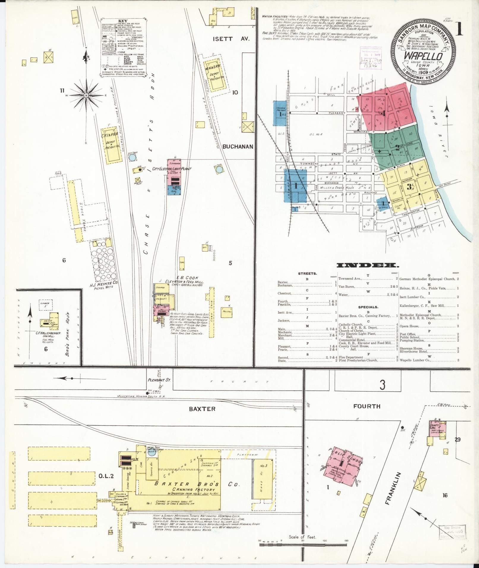 Sanborn Fire Insurance Map from Wapello, Louisa County, Iowa (1909), Sheet #0001 - Historic Sanborn Fire Insurance Map Print