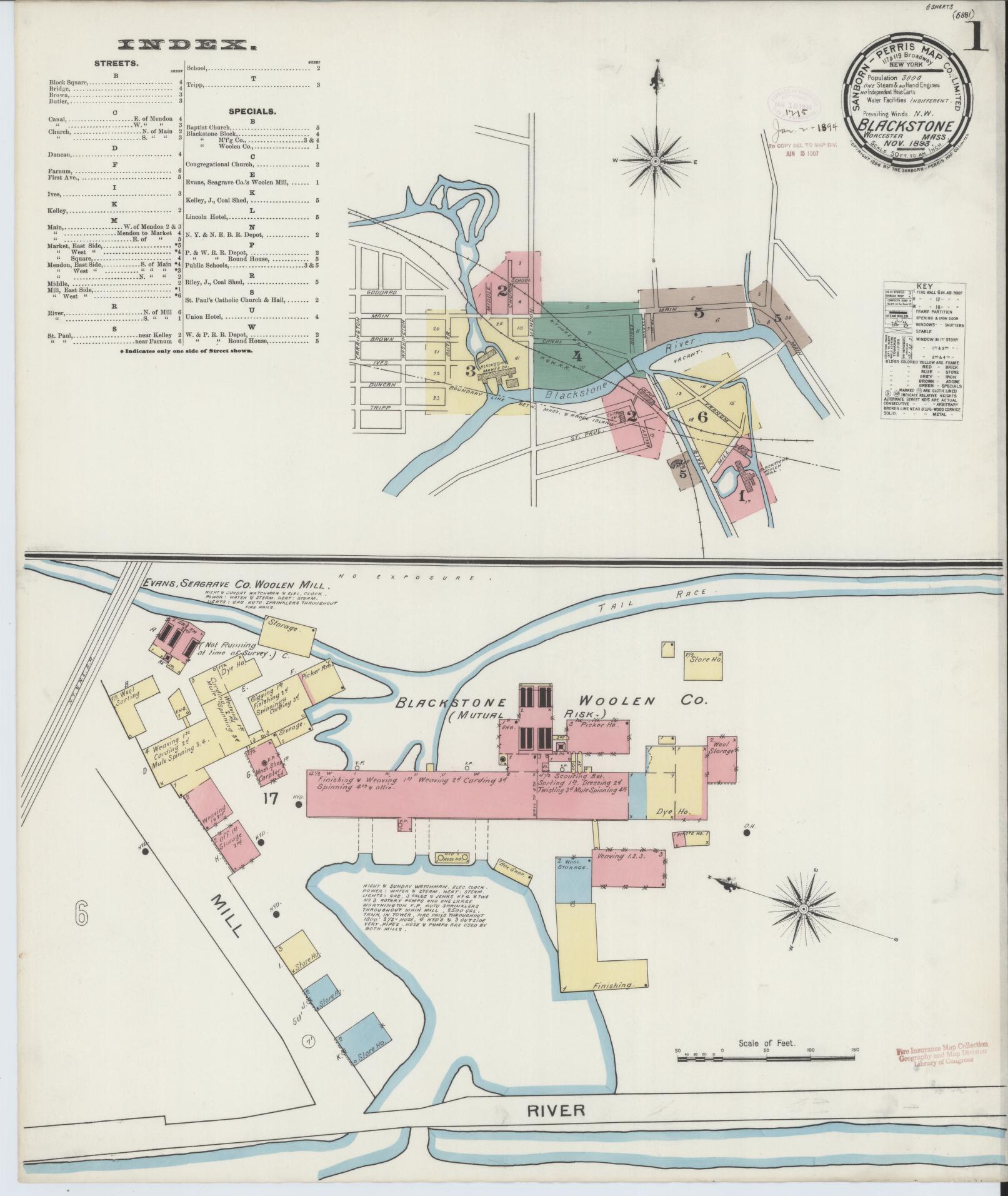 Sanborn Fire Insurance Map from Blackstone, Worcester County, Massachusetts. (1893) – Historic Sanborn Fire Insurance Map Print