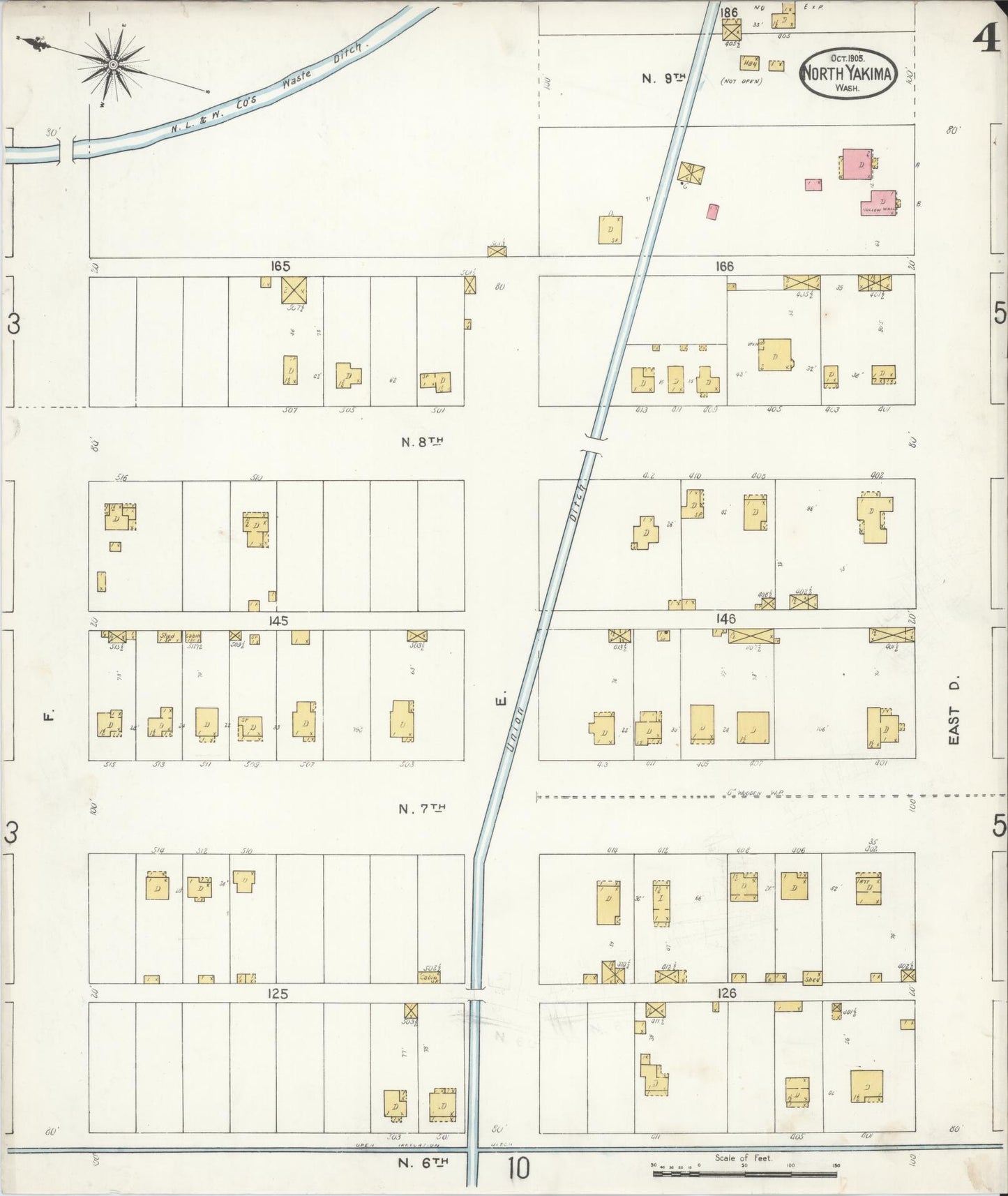 Sanborn Fire Insurance Map from North Yakima, Yakima County, Washington (1905), Sheet #0004 - Historic Sanborn Fire Insurance Map Print, vintage old map wall art, antique decor, genealogy gift, Washington Washington map
