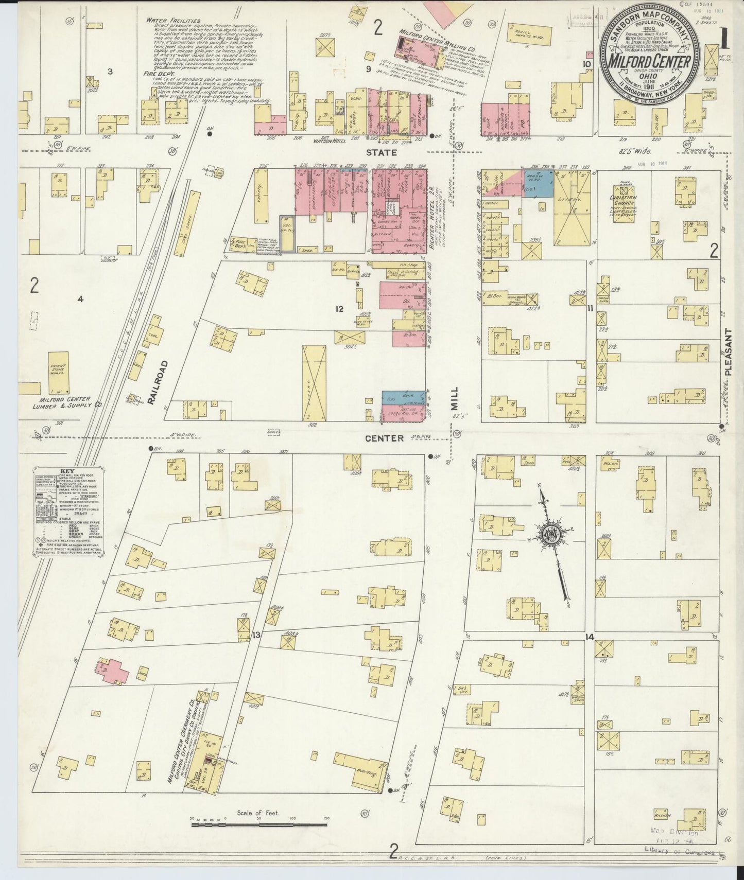 Sanborn Fire Insurance Map from Milford Center, Union County, Ohio (1911), Sheet #0001 - Historic Sanborn Fire Insurance Map Print, vintage old map wall art, antique decor, genealogy gift, Ohio Ohio map
